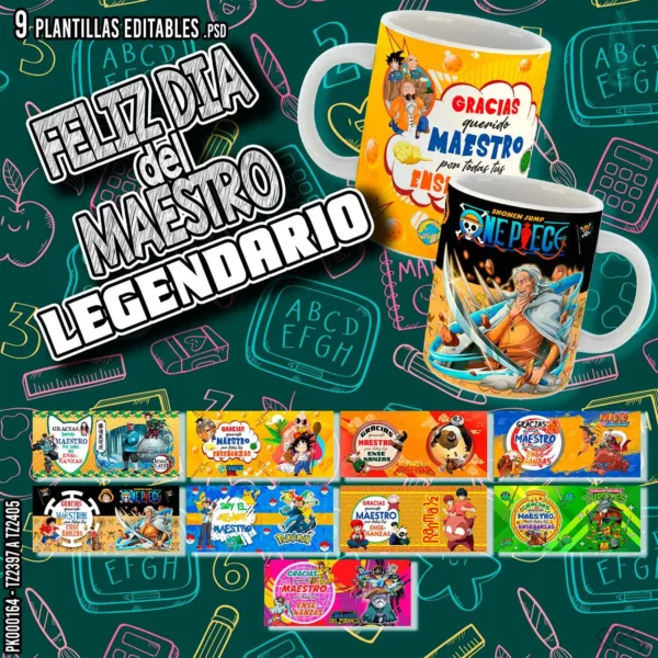 Diseño de taza para el Día del Maestro con personajes de anime legendarios como Goku, Kakashi y Maestro Roshi, con frase de agradecimiento y estilo colorido, ideal para sublimación y personalización.
