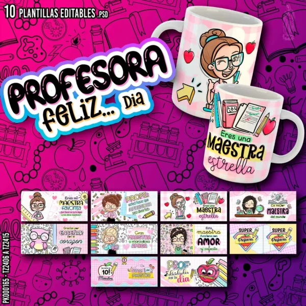 Diseño para tazas Día del Maestro – Pack de 10 plantillas editables en PSD y PNG para sublimación