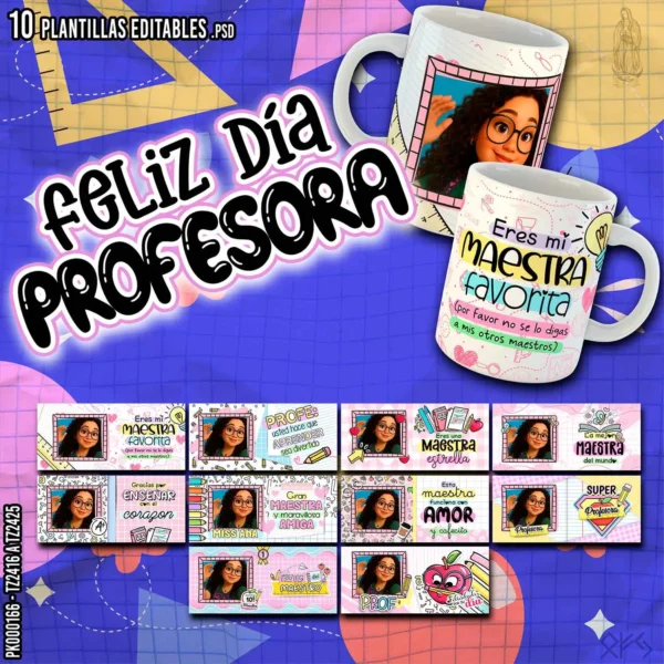Pack de 10 plantillas editables para sublimar tazas del Día del Maestro, con frases para profesoras, espacio para foto y diseños en formato PSD y PNG.
