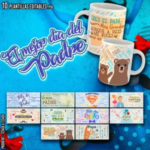 Pack de 10 plantillas editables para sublimar tazas del Día del Padre en formato PSD y PNG, con diseños emotivos, frases originales, mockups y fuentes tipográficas.