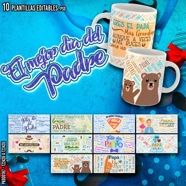 Pack de 10 plantillas editables para sublimar tazas del Día del Padre en formato PSD y PNG, con diseños emotivos, frases originales, mockups y fuentes tipográficas.