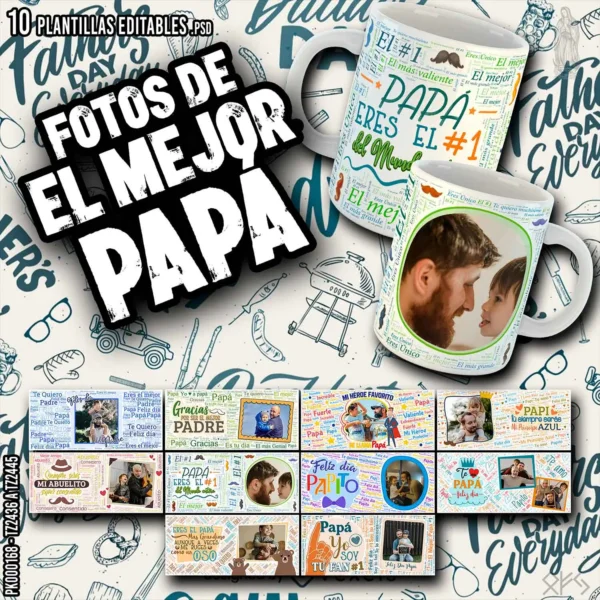 Pack de 10 plantillas editables para sublimación de tazas del Día del Padre en formato PSD y PNG personalizables con fotos, frases y mockups incluidos.
