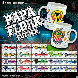 Diseño digital de tazas Día del Padre con personaje Flork y equipos de la Liga MX – Pack de 18 plantillas editables para sublimación