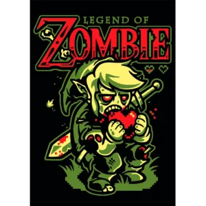 Vector estilo “Legend of Zelda” con Link Zombie comiendo un corazón pixelado, ideal para estampados de ropa.