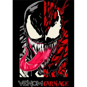 Diseño vectorial dividido de Venom y Carnage estilo cómic, ideal para estampados en playeras y productos personalizados.