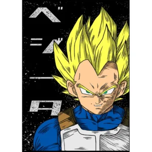 Vector de Vegeta Super Saiyajin para estampado en playeras con fondo negro estilo anime