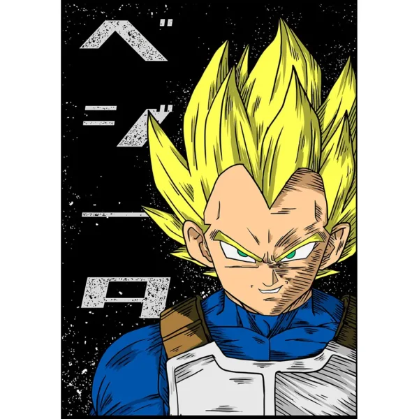 Vector de Vegeta Super Saiyajin para estampado en playeras con fondo negro estilo anime