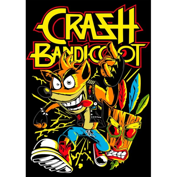 Vector de Crash Bandicoot con diseño rebelde para estampados, incluye mockups en PNG