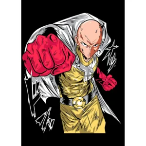 Vector de Saitama de One Punch-Man para estampar en camisetas, con mockup incluido, fondo negro.