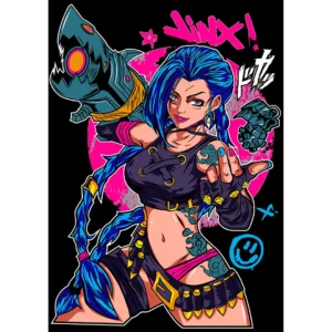 Diseño vectorial de Jinx estilo anime para estampados – incluye archivo .ai y mockups en .png con fondo transparente.