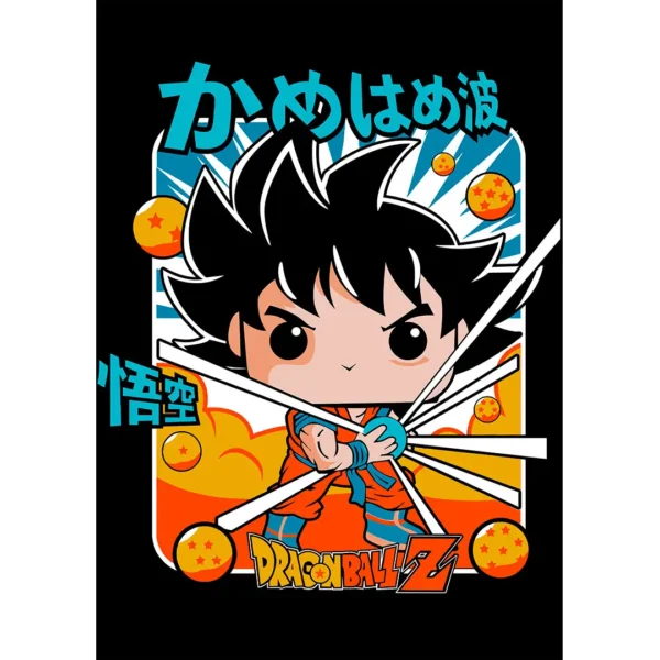 Vector Goku estilo Funko Pop para estampados en formato .AI con mockups de playeras negras