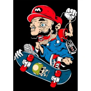 Ilustración vectorial de Mario Bros estilo skater ruco para estampado textil, con control retro y patineta sobre fondo negro