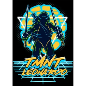 Vector digital de Leonardo de las Tortugas Ninja listo para sublimación en formato .AI con mockups de playeras negras
