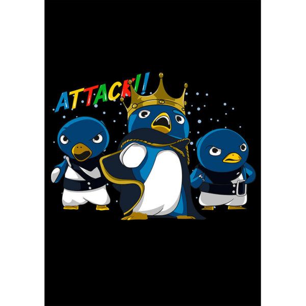 Vector de diseño del Rey Pingüino estilo Mario Bros con corona y capa, ideal para estampados personalizados.