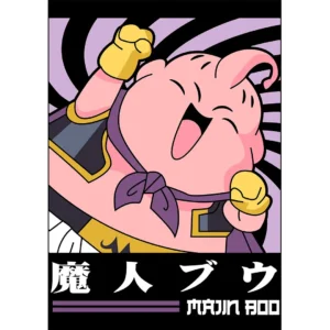 Vector de Majin Boo estilo chibi para estampados en .AI con mockups de playeras negras en PNG