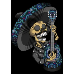 Vector ilustrado de catrín mariachi con sombrero y guitarra estilo huichol para estampados personalizados