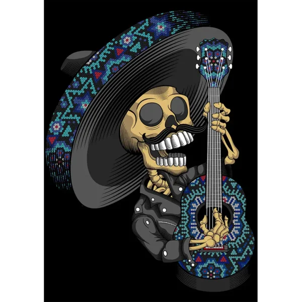 Vector ilustrado de catrín mariachi con sombrero y guitarra estilo huichol para estampados personalizados