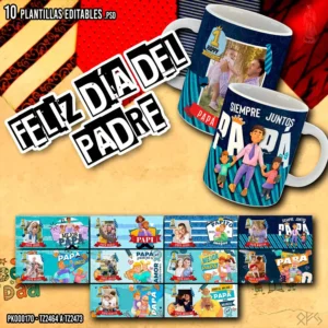 Mockup de 10 plantillas editables en PSD para tazas del Día del Padre, con diseños personalizables con fotos y frases.