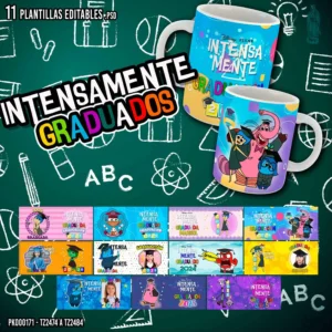 Mockups y diseños de tazas de graduación infantil con temática Intensamente – pack de 11 plantillas editables en PSD y PNG con espacio para foto y texto personalizado.