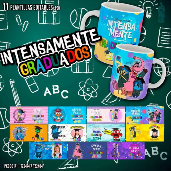 Mockups y diseños de tazas de graduación infantil con temática Intensamente – pack de 11 plantillas editables en PSD y PNG con espacio para foto y texto personalizado.