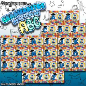 Pack de 26 plantillas editables para termos skinny de graduación preescolar con letras del abecedario, personalizables con foto y nombre, en formatos PSD y PNG