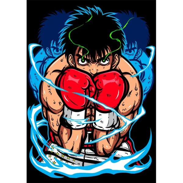 Vector editable de Ippo Makunouchi de Hajime no Ippo con guantes rojos y fondo de energía azul, ideal para estampados en ropa personalizada.