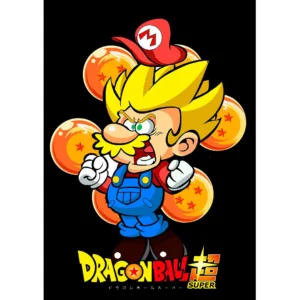 Vector de Mario Bros estilo Super Saiyajin con fondo de Esferas del Dragón para estampados en playeras