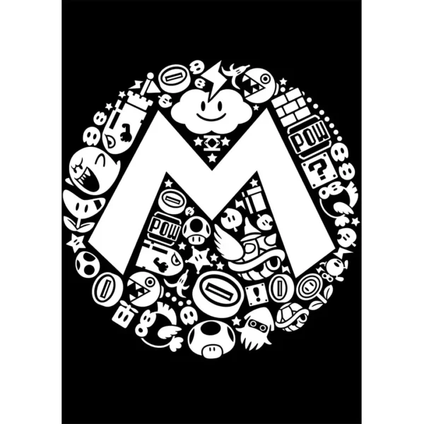 Vector collage de Mario Bros para estampados con íconos clásicos en forma de letra M