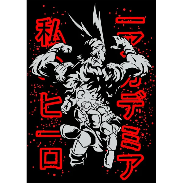 Vector de All Might y Deku estilo anime en blanco, negro y rojo para estampado en playeras y hoodies