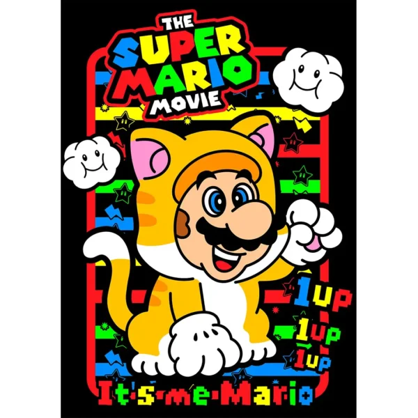 Vector de Cat Mario Bros estilo Super Mario Movie en traje amarillo, ideal para estampados personalizados