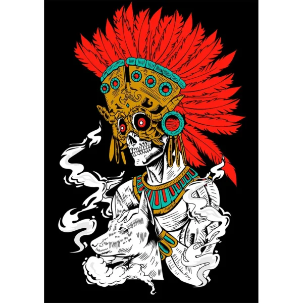 Vector digital de Mictlán azteca con penacho rojo y perro xoloitzcuintle, ideal para estampar en playeras negras
