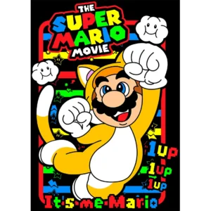 Diseño vectorial de Mario Bros en traje de gato para estampados en playeras, estilo colorido y divertido inspirado en The Super Mario Movie.
