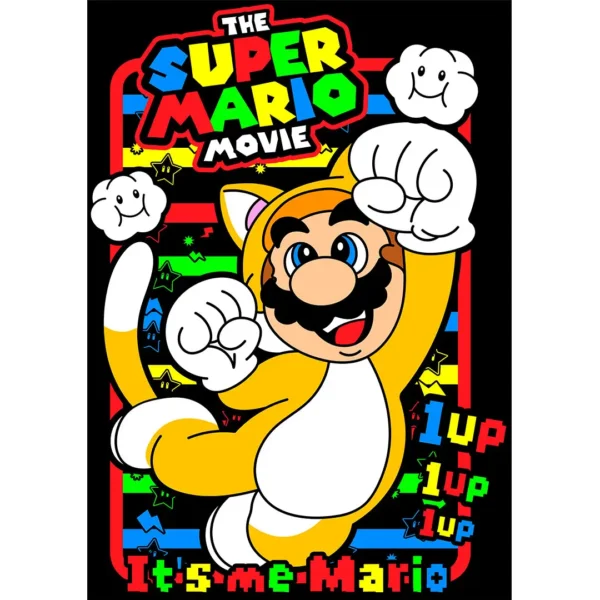 Diseño vectorial de Mario Bros en traje de gato para estampados en playeras, estilo colorido y divertido inspirado en The Super Mario Movie.