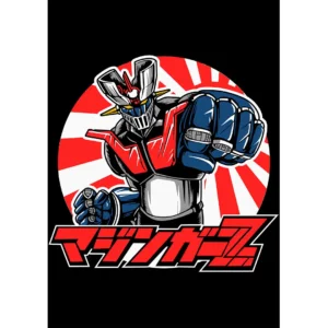 Diseño vectorial de Mazinger Z estilo anime retro para estampado en playeras negras, con fondo de sol naciente rojo y blanco.