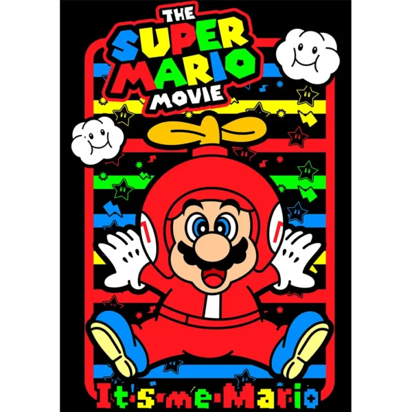 Vector de Mario Bros helicóptero en traje rojo para sublimación y estampado, incluye mockups de playeras negras