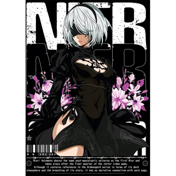 Diseño vectorial de 2B de Nier Automata en estilo anime, ideal para estampar en playeras y sudaderas, incluye mockups en PNG con fondo transparente.
