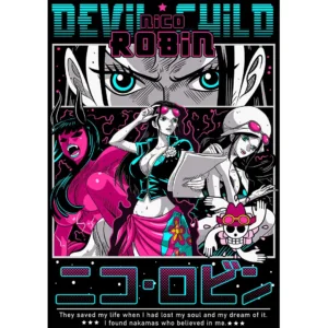 Vector Nico Robin One Piece en estilo retro para estampado de camisetas, formato AI con mockups PNG incluidos.
