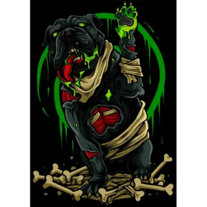 Ilustración vectorial de un perro zombi con vendas y huesos para diseño de estampado en playera