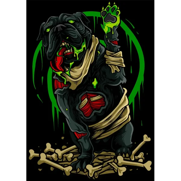 Ilustración vectorial de un perro zombi con vendas y huesos para diseño de estampado en playera