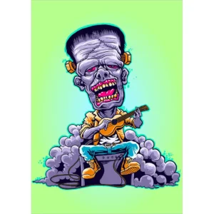 Diseño vectorial estilo cartoon de Frankennstein tocando guitarra, ideal para estampados y sublimación textil.