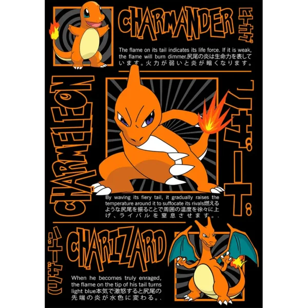 Vector evolutivo de Charmander, Charmeleon y Charizard en formato .AI para estampado con mockups incluidos