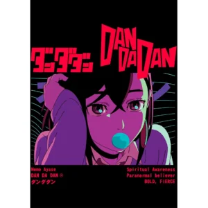 Ilustración vectorial de Momo Ayase de Dandadan en estilo retro pop-art, ideal para estampados en playeras y sudaderas.