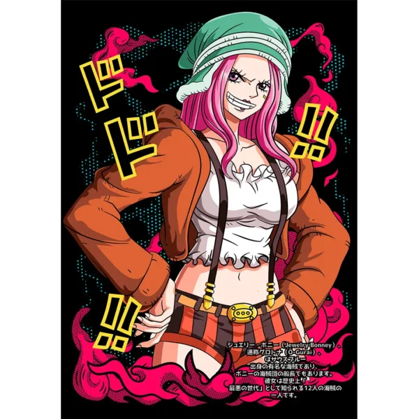 Vector de Jewelry Bonney D de One Piece listo para estampado en playeras, con estilo anime y fondo negro, ideal para sublimación o serigrafía.
