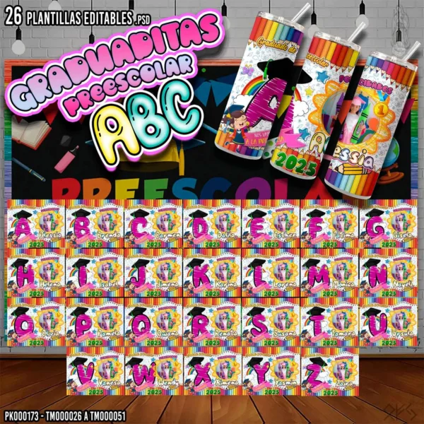 Pack de 26 plantillas editables para sublimar termos de graduación preescolar para niña, con diseño colorido, nombres personalizados y formato PSD/PNG.