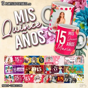 Pack de 12 Plantillas Editables para Tazas de Quince Años en PSD y PNG – Diseños Personalizables con Foto