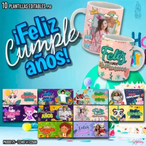 Pack de 10 plantillas editables para sublimar tazas de cumpleaños infantiles en formato PSD y PNG, incluye mockups y tipografías