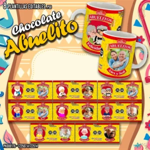 Pack de 8 plantillas editables para tazas del Día del Abuelo estilo Chocolate Abuelito, formato PSD y PNG, incluye mockups y fuentes"