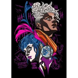 Ilustración vectorial estilo Arcane de Jinx y Ekko para estampado en playeras y hoodies, con estilo cómic y graffiti urbano.