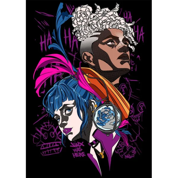 Ilustración vectorial estilo Arcane de Jinx y Ekko para estampado en playeras y hoodies, con estilo cómic y graffiti urbano.