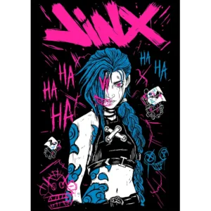 Vector ilustrado de Jinx estilo Arcane para estampar en playeras negras – Formato AI y PNG